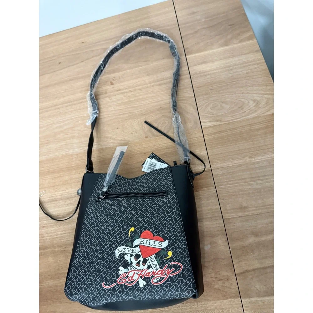 Ed Hardy Love Kills Slowly Crossbody Bag Black Grey Rhinestone Studded NWT
